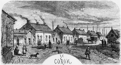 Kaivoskylä, kuvitus Emile Zolan (1840-1902) teoksesta "Germinal", Desire Dumontin kaivertama (1800-luku), 1886-painos tekijältä Jules Ferat